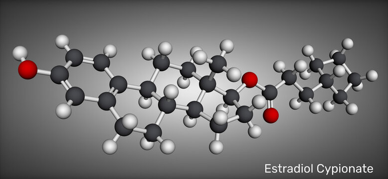 Estradiol cypionate (EC) molecule, a synthetic estrogen medication and estrogen ester. 3D render