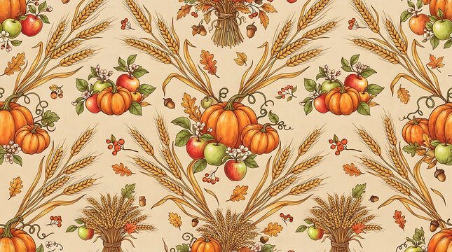 Autumn harvest pattern with pumpkins apples and wheat stalks