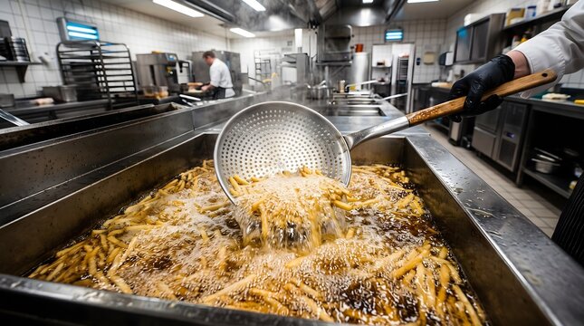 Chef Frying French Fries in Commercial Kitchen Deep Fryer