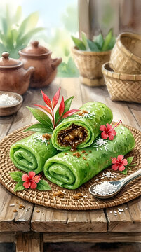 Indonesian Dadar Gulung Pandan Coconut Pancake Watercolor Art