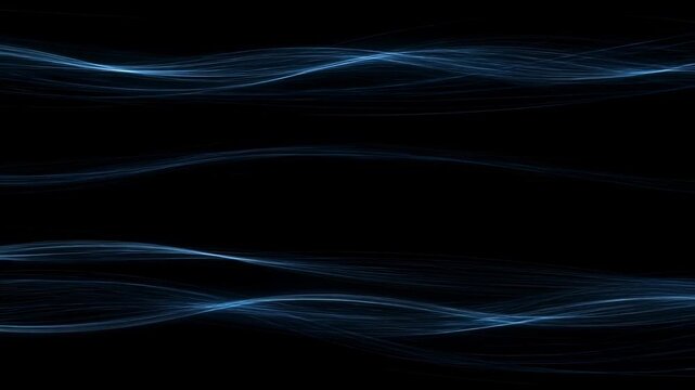Horizontal blue light strands layered across deep black field, glowing cyan highlights, soft haloing, sleek abstract composition with interwoven luminous ribbons, contrast and depth