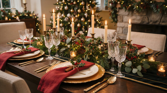 Festive christmas dinner table setting with gold plates red napkins and elegant lighted candles.