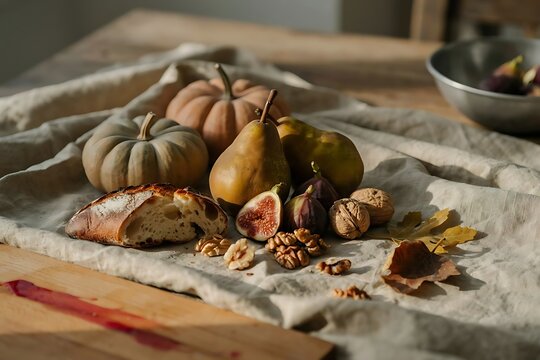 Autumn harvest bounty featuring fresh figs pears crusty bread walnuts and small pumpkins on a linen cloth