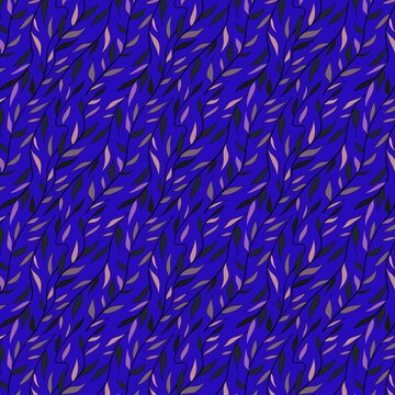 Seamless pattern with pink and dark leaves on a blue background.