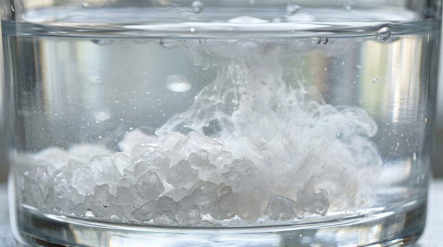 Dry ice sublimating in glass container with water and white fog