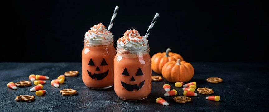 Halloween pumpkin jars with jack o lantern faces filled with festive drinks, whipped cream topping, candy corn, cookies, spooky atmosphere - flat vector illustration