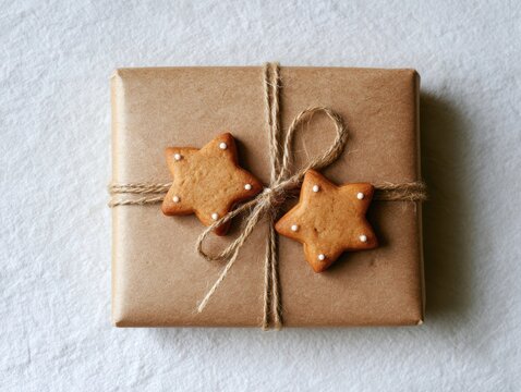Brown gift box tied with twine and decorative ribbon
