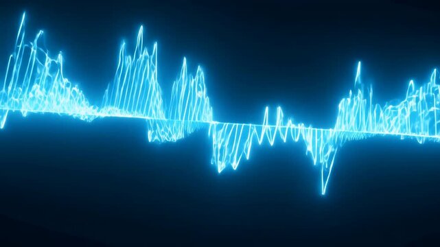 Luminous cyan audio waveform with rising peaks, mirrored troughs, sharp oscillation, and dark studio backdrop, creating high contrast digital energy across horizontal axis