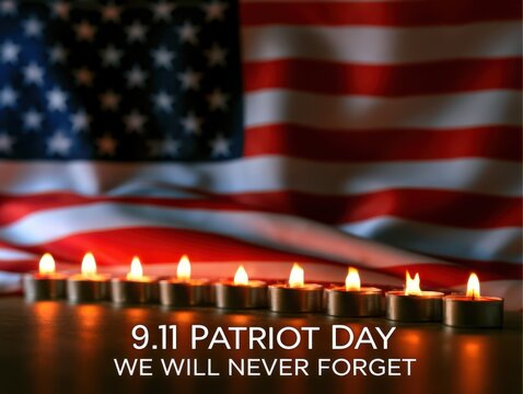 Candles lit for 911 patriot day memorial with american flag background