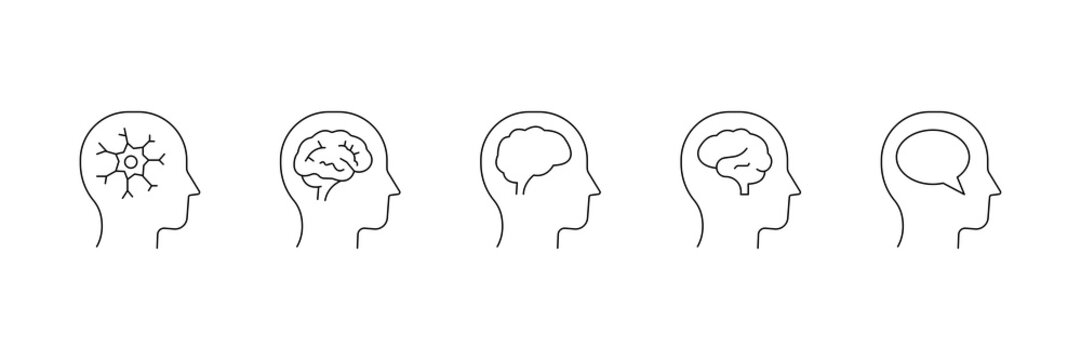 Mental health care brain neuron therapy psychology dialogue line icons vector set for thinking concept.