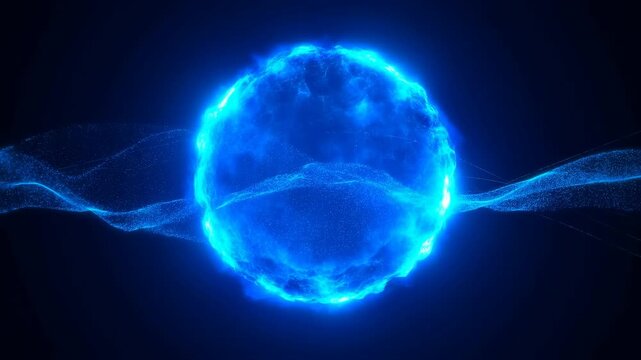 futuristic blue glowing sphere in dark background with light waves, mysterious and futuristic view, centered frontal perspective, abstract art, commercial technology, modern design, vivid.
