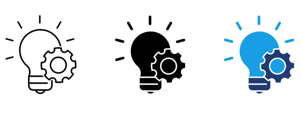 Creative Innovation and Solution Gear Icon Set. Vector symbol of smart thinking, product development, strategy, workflow execution, problem solving, lightbulb, cog, line, duotone, and solid icons.