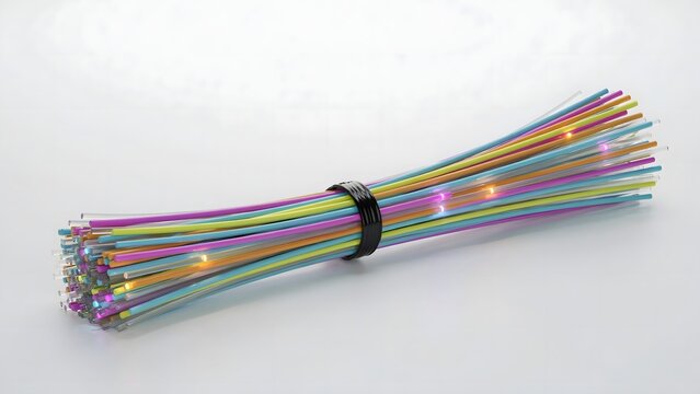 Fiber optic cable bundle with light pulses &ndash; Ideal for high-speed fiber internet, optical data, or broadband promos.