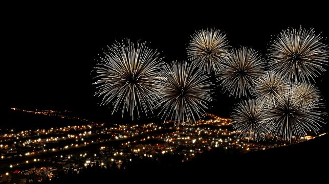 Sparkling golden fireworks exploding in dark night sky with bright trails explosion