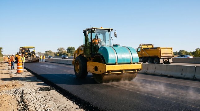 Heavy road roller compacting fresh asphalt on highway construction site, industrial steam roller paving new blacktop surface, civil engineering infrastructure project