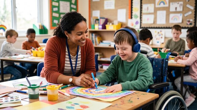 Teacher assisting a smiling boy with Down syndrome in a wheelchair with his art project in a bright classroom