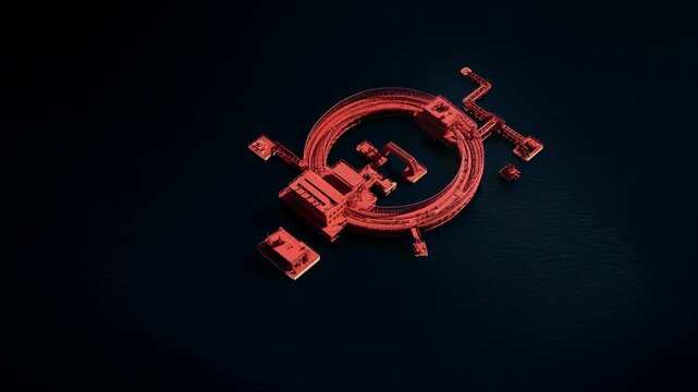 Circular offshore platform glowing red above dark ocean in dramatic industrial night scene with symmetrical ring design, connected pontoons, metallic walkways, strong contrast, and isolated maritime