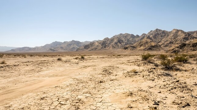 Arid desert landscape with cracked earth and distant mountains under a clear blue sky