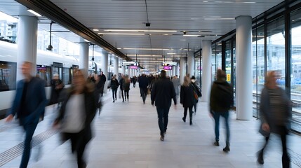 Fototapeta premium People walking through a modern train station platform with trains and glass walls visible