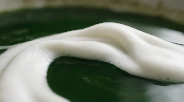 White foam floating on dark green liquid surface close-up