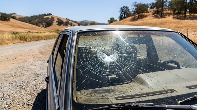 Shattered Front Windshield of a Car with Spiderweb Crack Parked on a Remote Rural Dirt Road