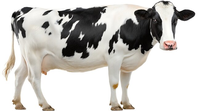 Two holstein cows with black and white spotted coats standing on a white background
