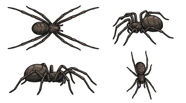 Black spider illustration set with four different poses, realistic arachnid drawings on white background, creepy crawly insect graphics for halloween