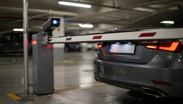Focus on license plate camera scanning a cars plate at an automated entry gate in a welllit parking garage at night.