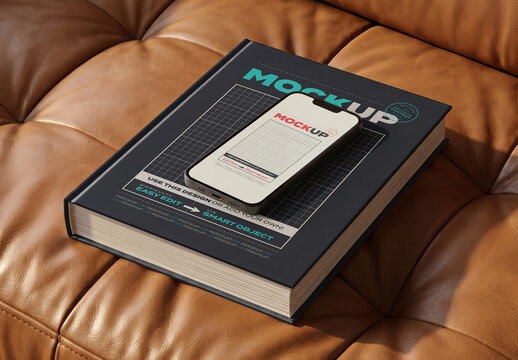 Hard Book Cover on Sofa with Cellphone Screen Mockup