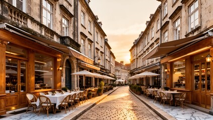 Fototapeta premium Charming European old town street with historic architecture and cafés