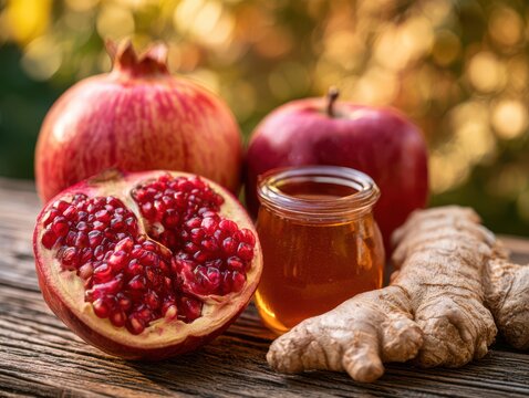 Fresh pomegranate halves with seeds, jar of syrup and ginger root on rustic wooden surface