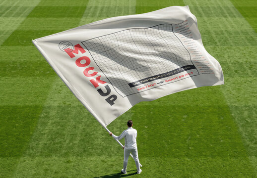 Man on Grass Field Waving Big Flag Team Mockup