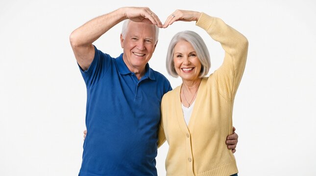 Happy senior couple forming a heart shape with their hands while standing together against a clean plain white studio background