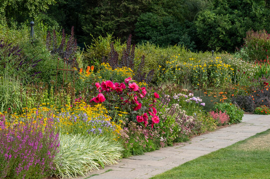 Stunning, colourful mixed flower border at Wisley garden, Surrey UK. The extensive flower beds are planted mainly wtih perennial plants.