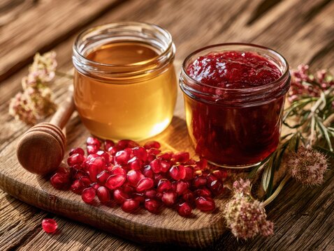 Homemade pomegranate syrup and seeds on rustic wooden surface