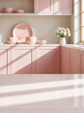 Pastel tone pink kitchen interior with soft modern styling