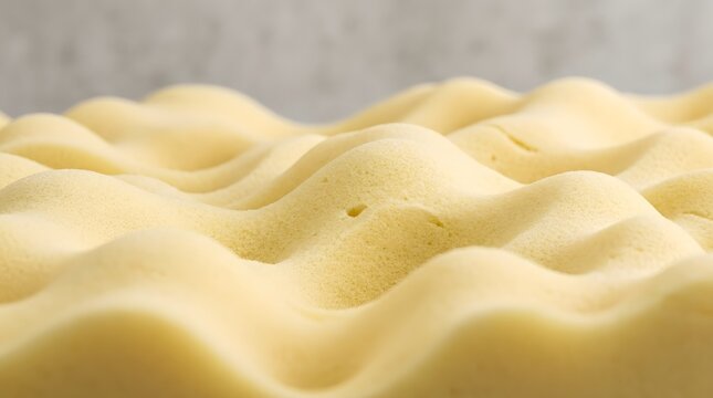 Yellow wavy polyurethane foam pad showing detailed porous texture and soft undulating curves isolated for commercial product use .