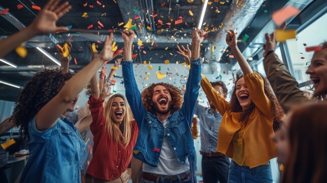 Young professionals celebrate a successful project launch by throwing colorful confetti in a vibrant and energetic modern office space.