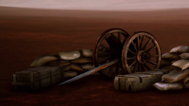 A wooden cart rests on the sandy ground surrounded by bags and a sword. The scene shows warm colors under bright sunlight with empty space in the background.