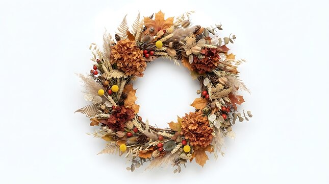 Autumn wreath decoration with dried flowers and leaves
