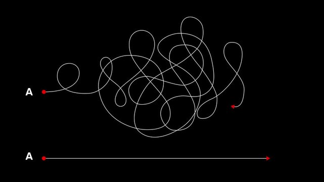 Complex and easy way from point A to B. hand drawn doodle scribble chaos path lines. kids tracing paths,concept video on transparent background.