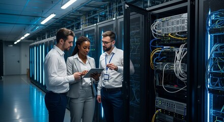 Fototapeta premium Diverse team of IT professionals collaborating and reviewing data on a tablet in a modern server