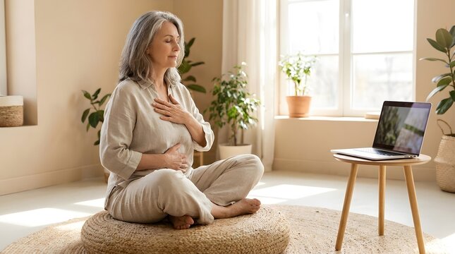 Peaceful Mature Woman Practicing Mindfulness and Deep Breathing During Online Wellness Class at Home
