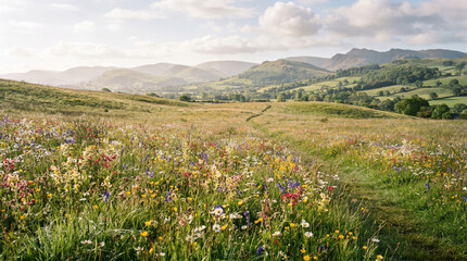 Obraz premium Vibrant wildflower meadow in bloom under a bright summer sky, with serene rolling green hills and distant mountains, a tranquil and picturesque natural landscape