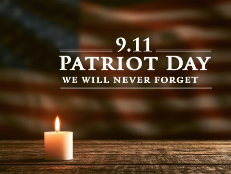 Patriot day candle with 911 message on textured wooden background