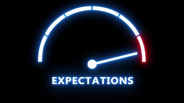 Neon expectations gauge meter animation: business performance and goal setting concept speedometer