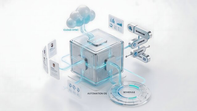 Business automation ecosystem with floating process modules &ndash; Great for digital transformation, business operations, and CRM.