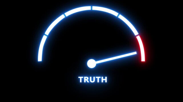 Neon truth gauge meter animation: measuring honesty, fact-checking, and data accuracy concept