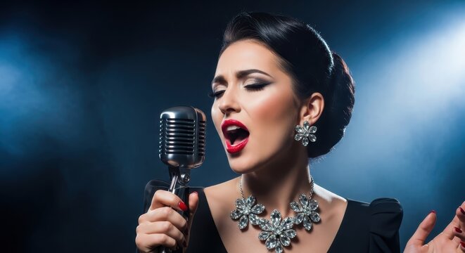 Beautiful Glamorous Woman Singing Passionately into a Vintage Microphone on a Smoky Stage with Blue Lighting