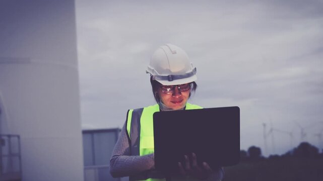 woman engineer is wearing a protective helmet on her head, using laptop Analytics engineering data